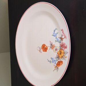 Oval Poppy Floral Serving Platter Ceramic Red Line Unmarked Vtg Cottageware